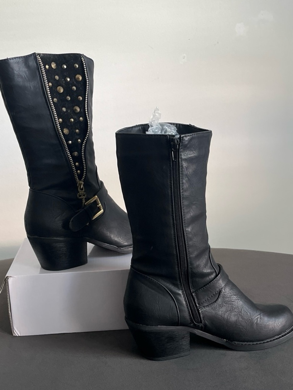 Women's Black Mid-Calf Zip Buckle Boots